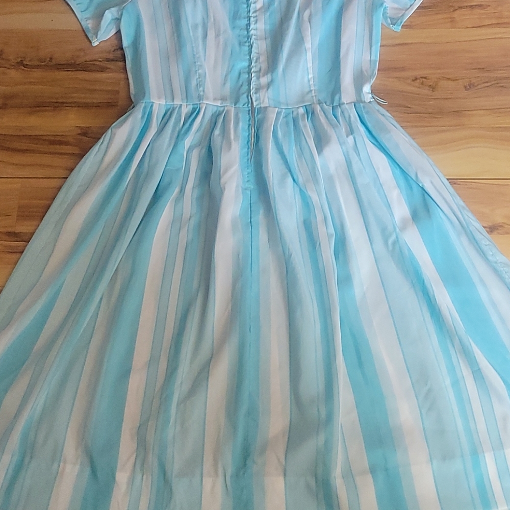 Vintage 50s 60s Blue White Striped Day Dress M - Picture 7 of 13